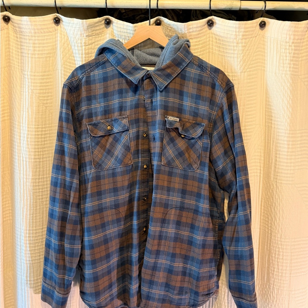 Columbia Blue and Brown Plaid Hooded Hiking Shirt